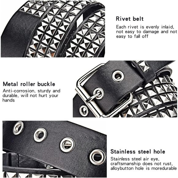 Women's Black Metal Punk Rock Rivet Belt with Bright Pyramid Studded - Picture 5 of 7